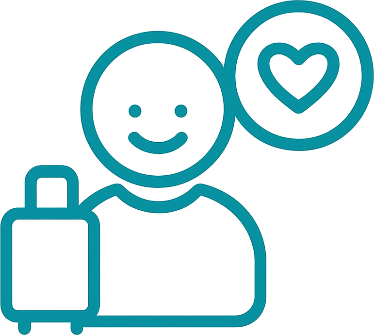 Icon of traveler with carry-on and heart coin